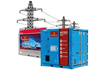 Hybridlösung: Battery Box 300L & 250-kVA-Stromaggregat der Stufe V & Stromnetz